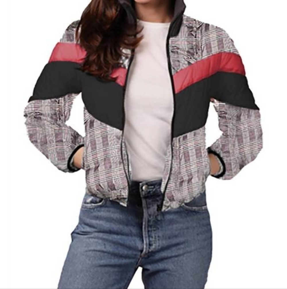 Central Park West Wesley Plaid Striped Puffer Jacket Moc Collar Womens Size S